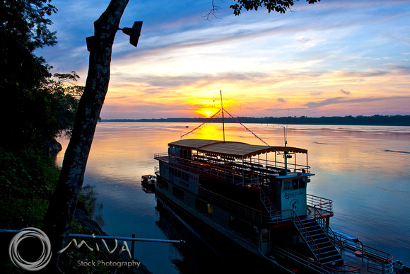 Miva Stock_1215 - Brazil, Amazon River, sunset, river boat